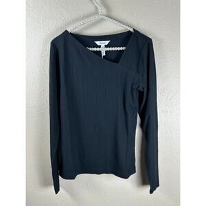 NEW Spanx Size Medium Shirt Black Ribbed Asymmetrical Tee Long Sleeve Stretchy